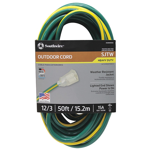 Southwire SJTW Extension Cord, 12 AWG, Outdoor, 12/3, 1 Outlets, 5-15R, Green/Yellow, PVC, 5-15P, 50 ft - 2548SW0052