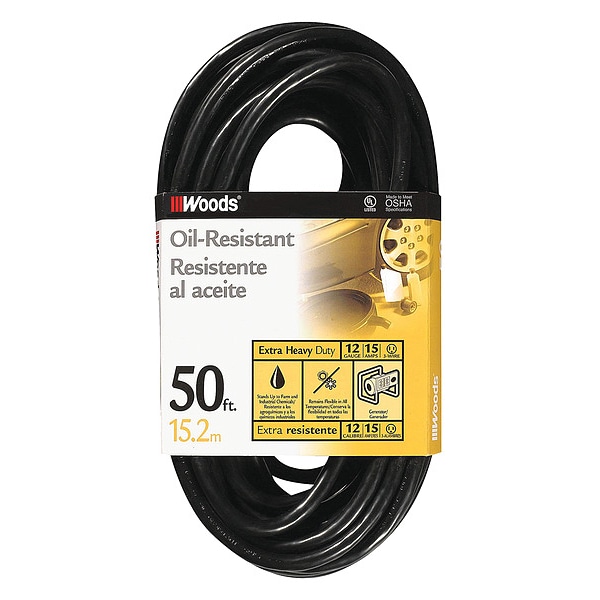 Southwire SJTOW Extension Cord, 12 AWG, Outdoor, 12/3, 1 Outlets, 5-15R, Black, PVC, 5-15P, 50 ft - 64816901