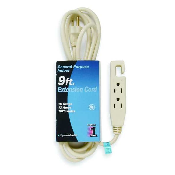 Power First SJT Extension Cord, 16 AWG, Indoor, 16/3, 3 Outlets, 5-15R, Beige, PVC, 5-15P, 9 ft - 1FD72