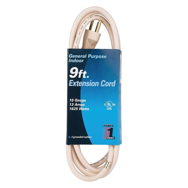 Power First SJT Extension Cord, 16 AWG, Indoor, 16/3, 3 Outlets, 5-15R, Beige, PVC, 5-15P, 9 ft - 1FD72