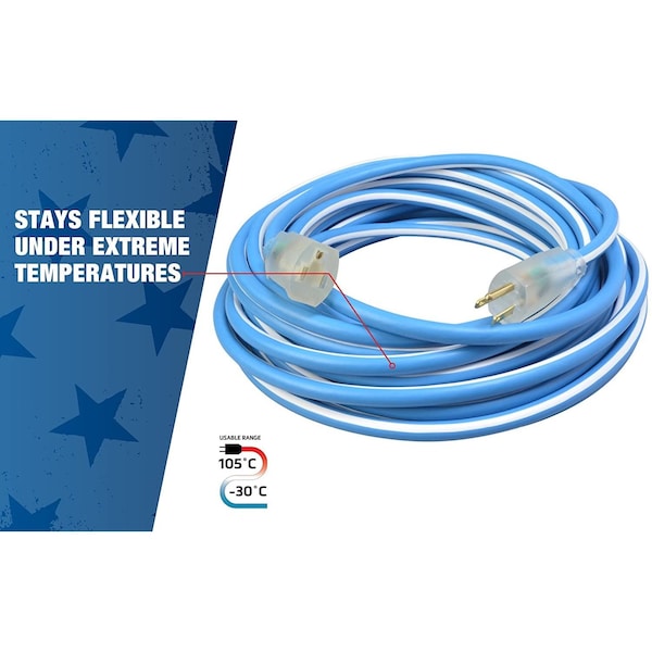 Southwire SJEOW Extension Cord, 12 AWG, Outdoor, 12/3, 1 Outlets, 5-15R, Blue/White, TPE, 5-15P, 50 ft - 1638SW0061