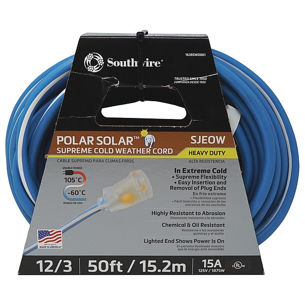 Southwire SJEOW Extension Cord, 12 AWG, Outdoor, 12/3, 1 Outlets, 5-15R, Blue/White, TPE, 5-15P, 50 ft - 1638SW0061