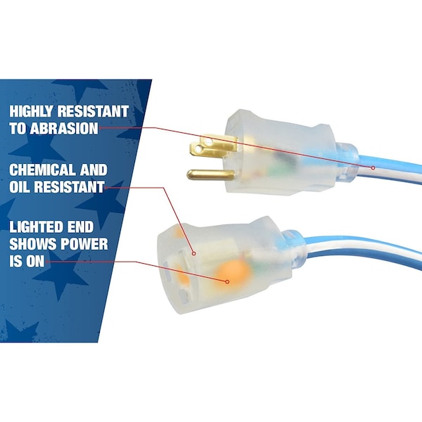 Southwire SJEOW Extension Cord, 12 AWG, Outdoor, 12/3, 1 Outlets, 5-15R, Blue/White, TPE, 5-15P, 50 ft - 1638SW0061