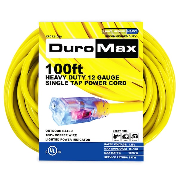 Duromax SJTW Extension Cord, 12 AWG, Outdoor, 1 Outlets, Yellow, 100 ft - XPC12100A