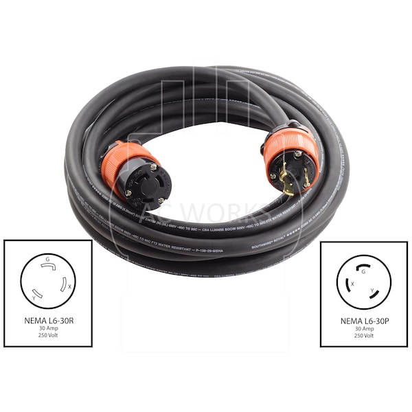 Ac Works SOOW; Cold Weather Extension Cord, 10 AWG, Indoor/Outdoor, 10/3, 1 Outlets, Black, Rubber, L6-30P - L630PR-100