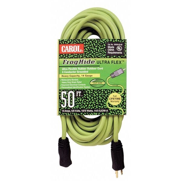 Carol SJOW Extension Cord, 12 AWG, Outdoor, 12/3, 1 Outlets, 5-15R, Green, Rubber, 5-15P, 50 ft - 06250.61.06L