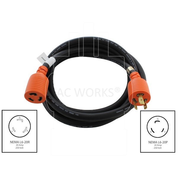 Ac Works SOOW; Cold Weather Extension Cord, 12 AWG, Indoor/Outdoor, 12/3, 1 Outlets, Black, Rubber, L6-20P - L620PR-025