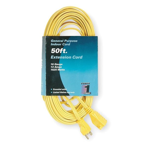 Power First SPT-2 Extension Cord, 16 AWG, Indoor, 16/3, 1 Outlets, 5-15R, Yellow, PVC, 5-15P, 50 ft - 1FD59