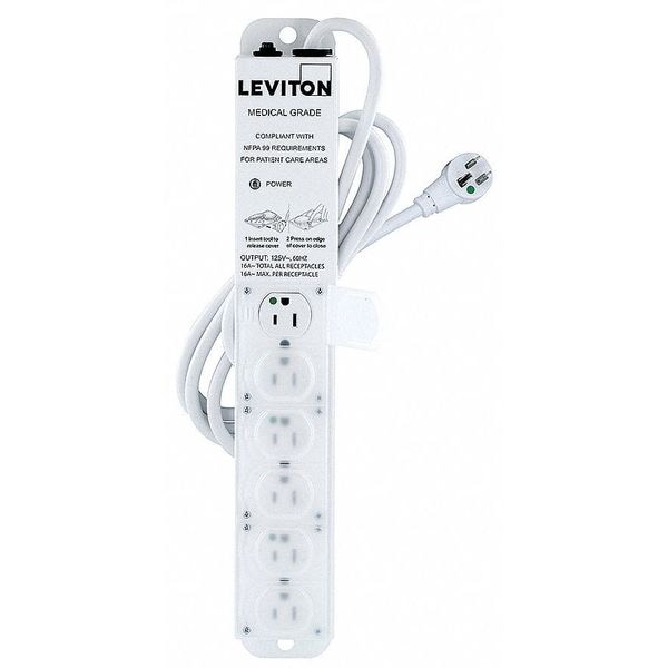 Leviton Outlet Strip, 15 A, 7 ft Cord L, 6 Outlets - 5306M-1N7