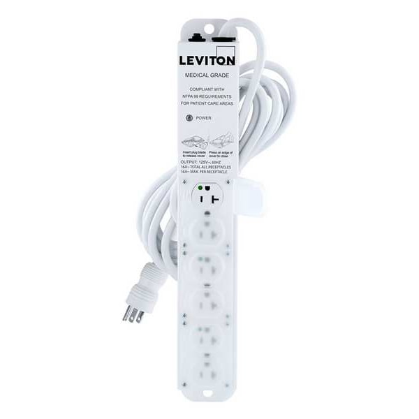Leviton Outlet Strip, 20 A, 15 ft Cord L, 6 Outlets - 5306M-2N5
