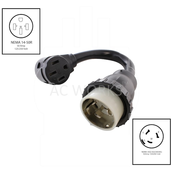 Ac Works 1.5FT 50A 125/250V SS2-50P/CS6365 Plug to 14-50R RV/ Range/ EV Adapter Cord - SS21450-018
