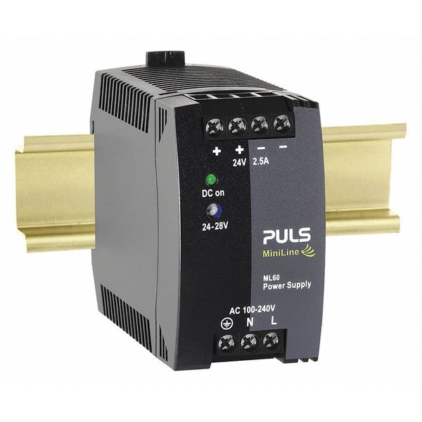 Puls DC Power Supply, 100/240V AC, 24/28V DC, 60W, 2.5A, DIN Rail - ML60.241