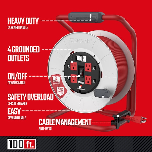 Craftsman 12AWG Power Cord Reel 4 Grounded Outlets Outlets 125V Voltage - CMXCRPA12100