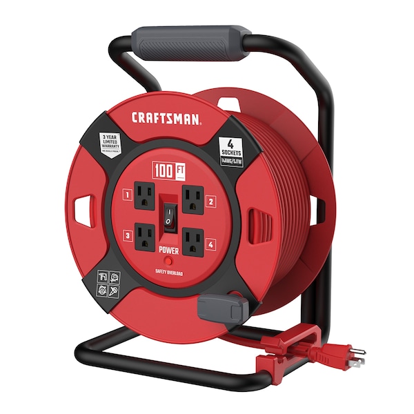 Craftsman 14AWG Power Cord Reel 4 Grounded Outlets Outlets 125V Voltage - CMXCRPA14100