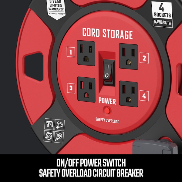 Craftsman 1 ft 14AWG Power Cord Reel 4 Grounded Outlets Outlets 125V Voltage - CMXCRPA1401