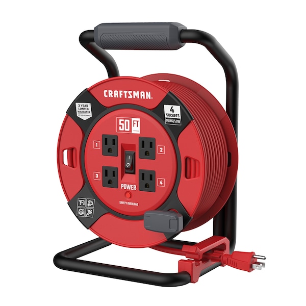 Craftsman 50 ft 14AWG Power Cord Reel 4 Grounded Outlets Outlets 125V Voltage - CMXCRPA1450
