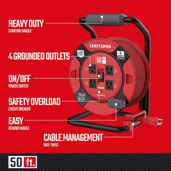 Craftsman 50 ft 14AWG Power Cord Reel 4 Grounded Outlets Outlets 125V Voltage - CMXCRPA1450