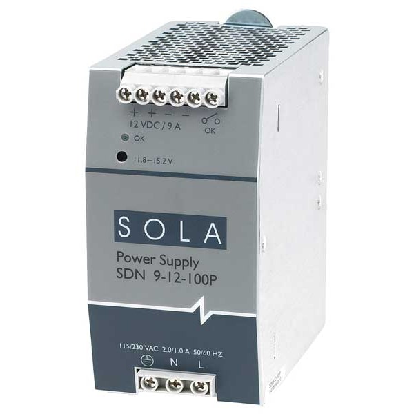 Solahd DC Power Supply, 115/230V AC, 12V DC, 108W, 9A, DIN Rail - SDN912100P
