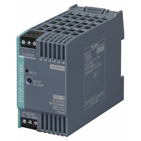 Siemens DC Power Supply, 110/300V DC; 85/264V AC, 24V DC, 60W, 2.5A, DIN Rail - 6EP1332-5BA00