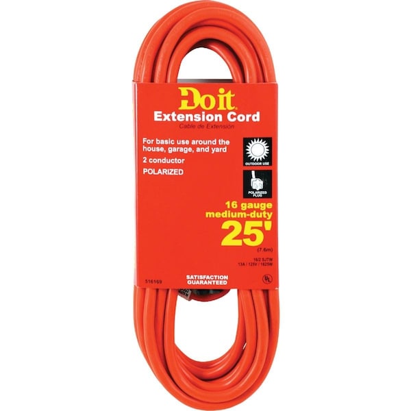 All-Source Extension Cord, 16 AWG, Outdoor, 16/2, 25 ft - OU-JTW-162-25-OR
