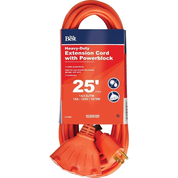 All-Source Extension Cord, 14 AWG, Indoor/Outdoor, 14/3, 25 ft - OP-JTW143-25-OR
