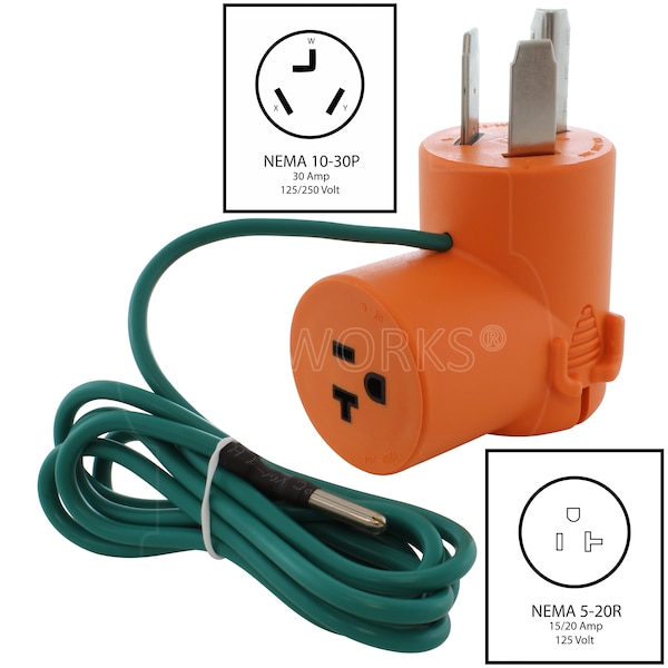 Ac Works 30A 125/250V NEMA 10-30 3-Prong Dryer Plug to NEMA 5-20 Household Connector - AD1030520