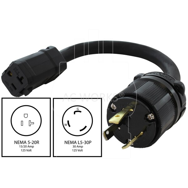 Ac Works 1ft. SOOW 10/3 3-Prong NEMA L5-30P to 15/20A Household Connector Adapter Cord - L530520-012