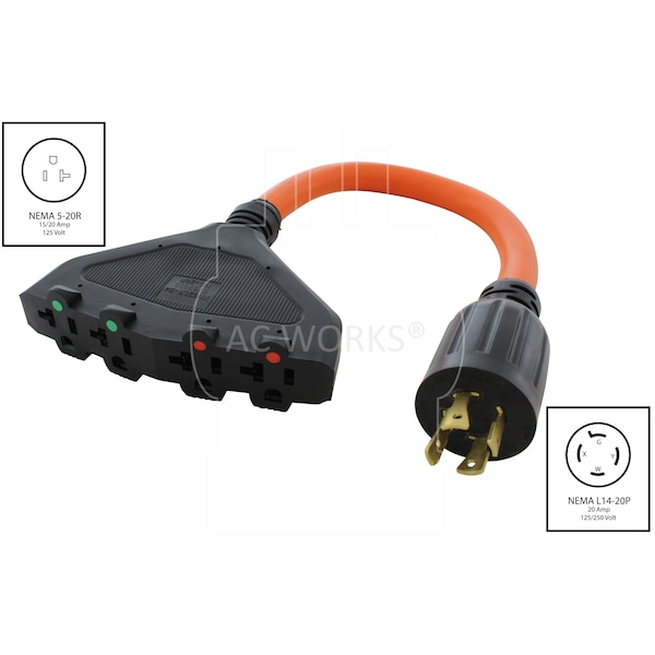 Ac Works 1.5FT L14-20P 20A 4-Prong Locking Plug to 4 NEMA 5-15/20R Connectors - L1420F520-018
