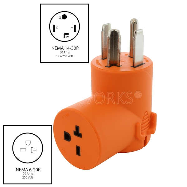 Ac Works NEMA 14-30P 30A 4-Prong Dryer Plug to NEMA 6-20R 15/20A 250V T-Blade Connector - AD1430620