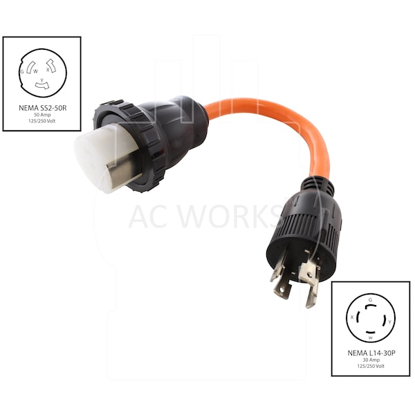 Ac Works 1.5FT Generator L14-30P 30A 4-Prong Plug to 50A RV/Marine Female Adapter - L1430M50-018
