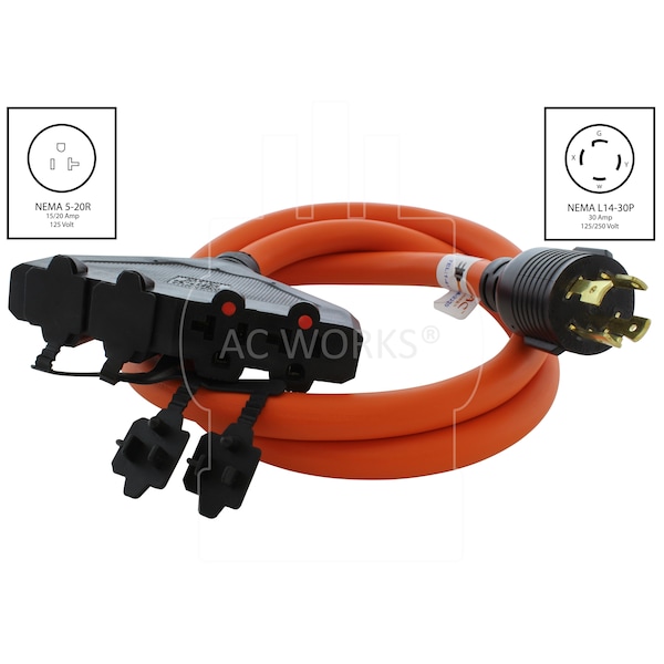 Ac Works 5ft L14-30P 4-Prong 30A Plug to 4 NEMA 5-15/20R 20A Adapter Cord - L1430F520-05
