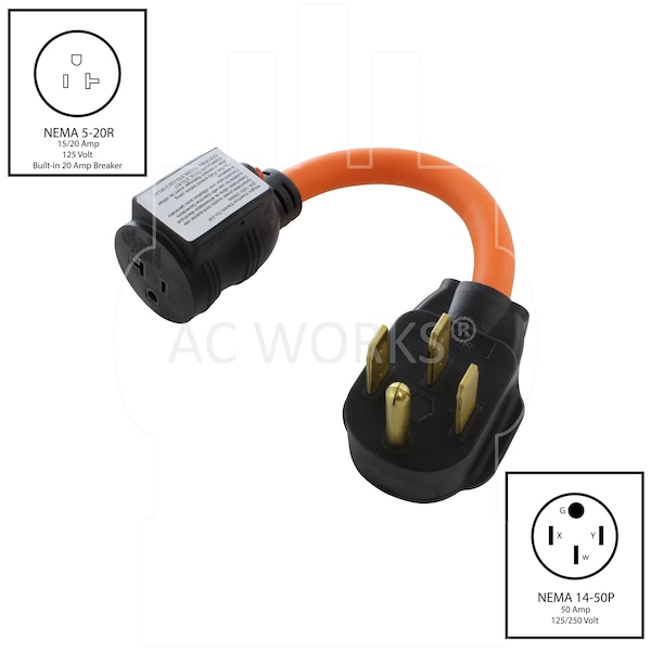 Ac Works 1FT 50A 14-50P RV/Generator/Range Plug to Home Outlet with 20A Breaker - S1450CB520