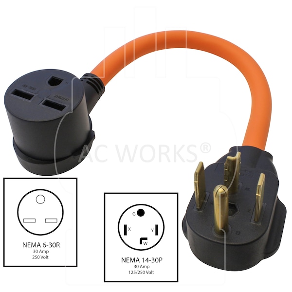 Ac Works 14-30P 4-Prong Dryer Plug to 6-30R 3-Prong 30 Amp 250 Volt HVAC Female Adapter - S1430630-018