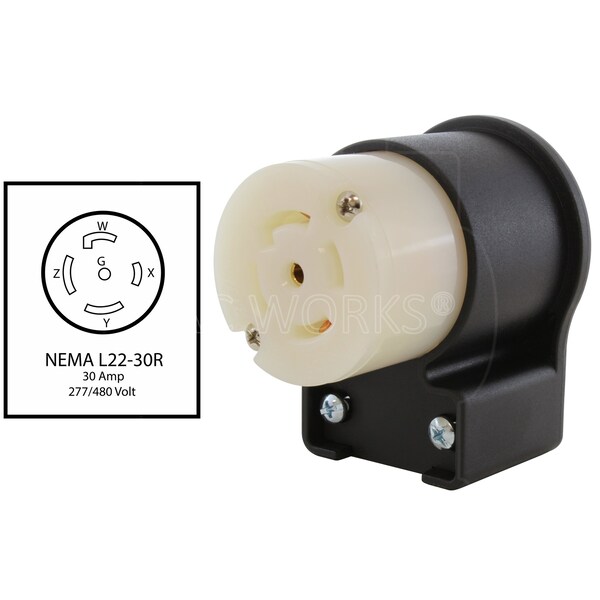 Ac Works NEMA L22-30R 30A 3-Phase Y 277/480V Elbow 5-Prong Locking Female Connector with UL, C-UL Approval - ASEL2230R