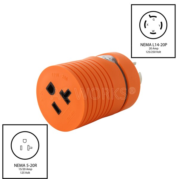 Ac Works L14-20P 20A 125/250Volt 4-Prong Male Plug to 5-15/20R 15/20A Female Connector - ADL1420520