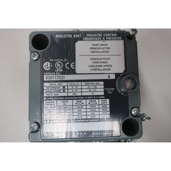 Interruptor de presión Allen Bradley 6-75PSI 120-600V-AC - 836T-T252J