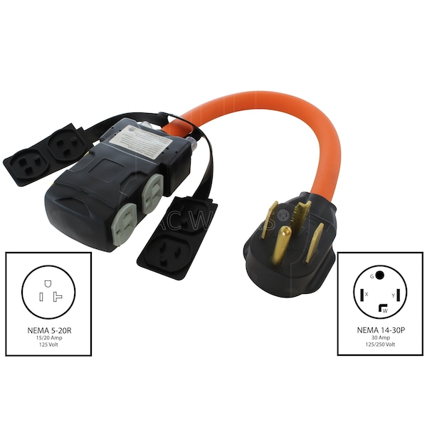 Ac Works 1.5FT 14-30P 4-Prong Dryer Plug to 4 Household Outlets with 24A Breaker - S1430CBF520