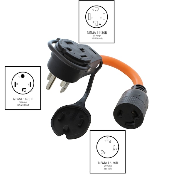 Ac Works 1FT 30 Amp 14-30 Piggy-Back Plug to L6-30 Connector Adapter Cord - PB1430L630