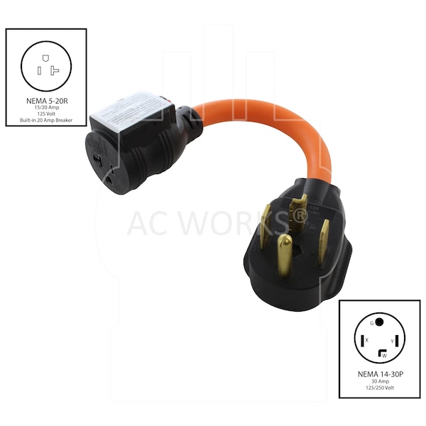 Ac Works 1FT 30A 4-Prong 14-30P Dryer Plug to Household Outlet with 20A Breaker - S1430CB520