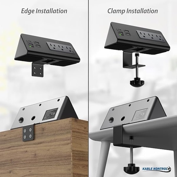 Kable Kontrol Desk Clamp Power Strip with 1 USB-C Port, 3 Power Outlets, 3 USB-A Ports, Fast Charger, 4.9' cord Black - KK-EC-BK-C