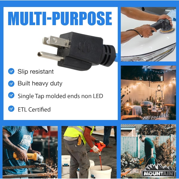 Mountain SJTW Extension Cord, 16 AWG, Indoor/Outdoor, 16/3, 1 Outlets, 50 ft - MTN43722