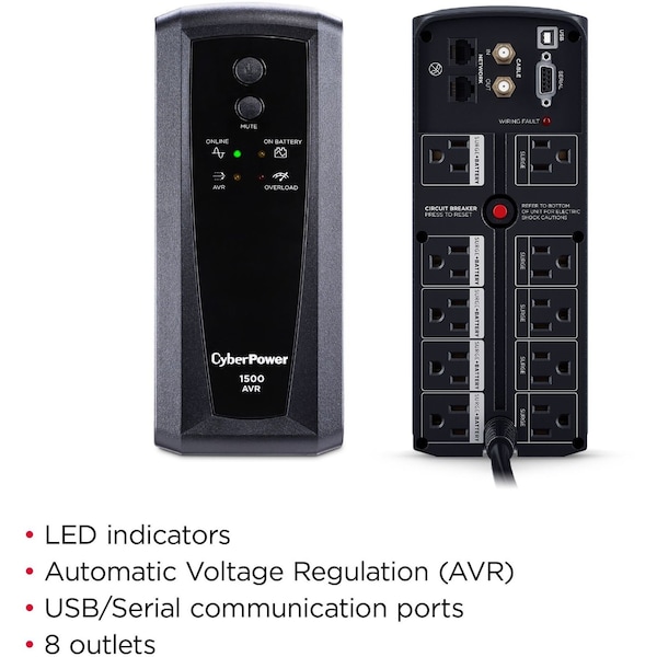 Cyberpower UPS System, 1500VA, Line Interactive, Out: 120V AC In: 120V AC - CP1500AVRT