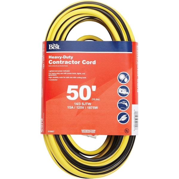 All-Source Extension Cord, 14 AWG, Outdoor, 14/3, 50 ft - OU-JTW-143-50-YLWS