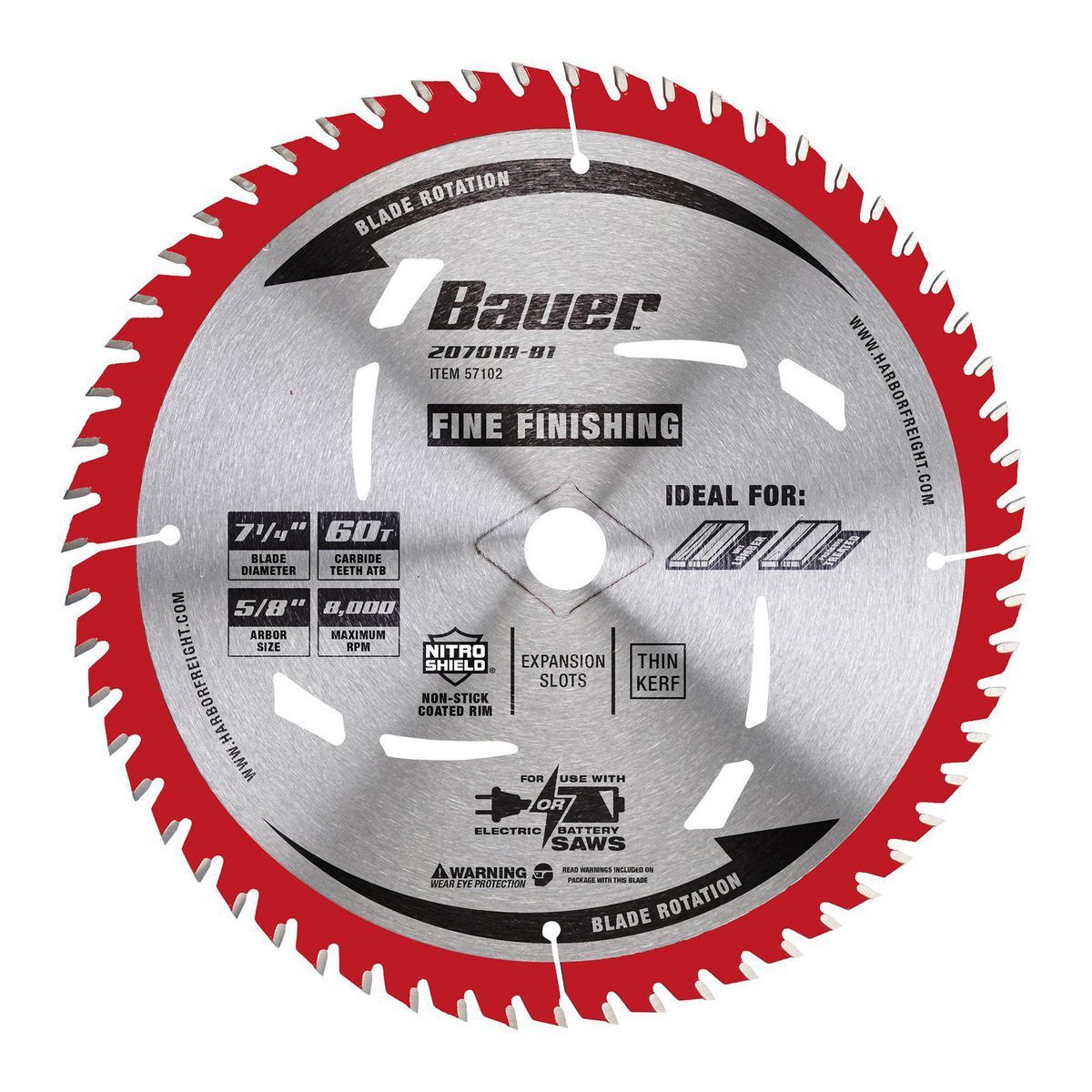 Hoja de sierra circular Bauer para acabados finos de 7-1/4 in., 60 dientes - 57102