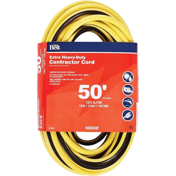 All-Source Extension Cord, 12 AWG, Outdoor, 12/3, 50 ft - OU-JTW-123-50-YLWS