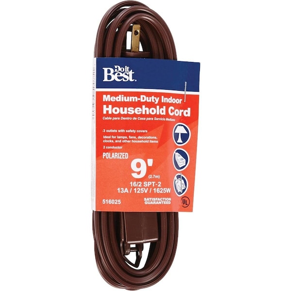 All-Source Extension Cord, 16 AWG, Indoor, 16/2, 9 ft - IN-PT2162-09X-BR