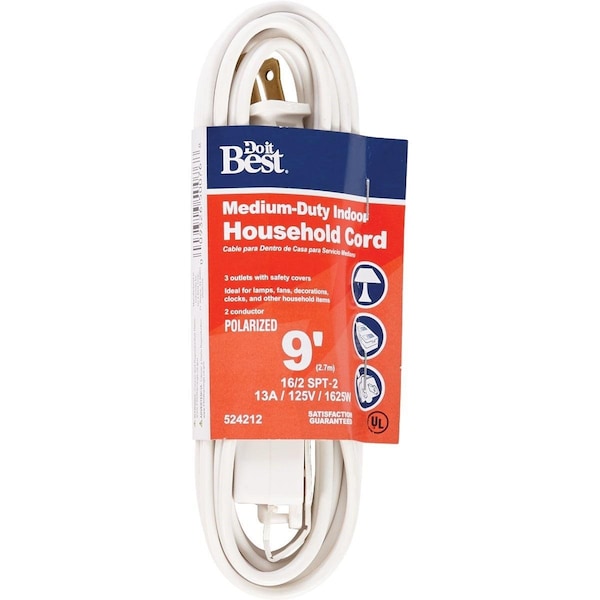 All-Source Extension Cord, 16 AWG, Indoor, 16/2, 9 ft - IN-PT2162-09X-WH