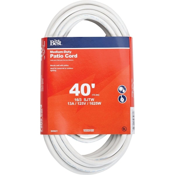 All-Source Extension Cord, 16 AWG, Outdoor, 16/3, 40 ft - OU-JTW163-40X-WH