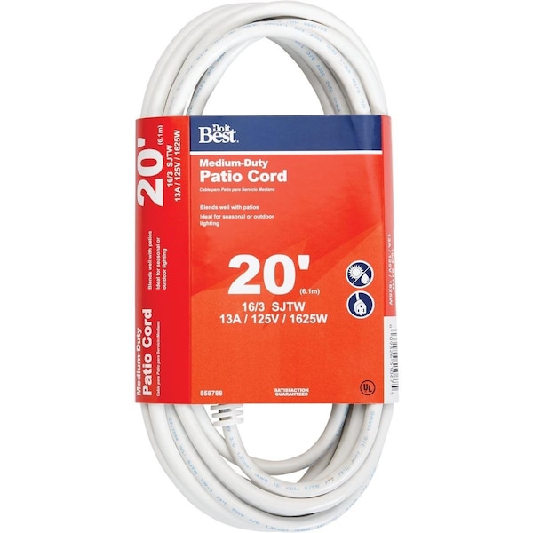 All-Source Extension Cord, 16 AWG, Outdoor, 16/3, 20 ft - OU-JTW163-20X-WH