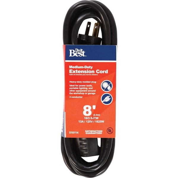 All-Source Extension Cord, 16 AWG, Outdoor, 16/3, 8 ft - OU-JTW163-8-BL